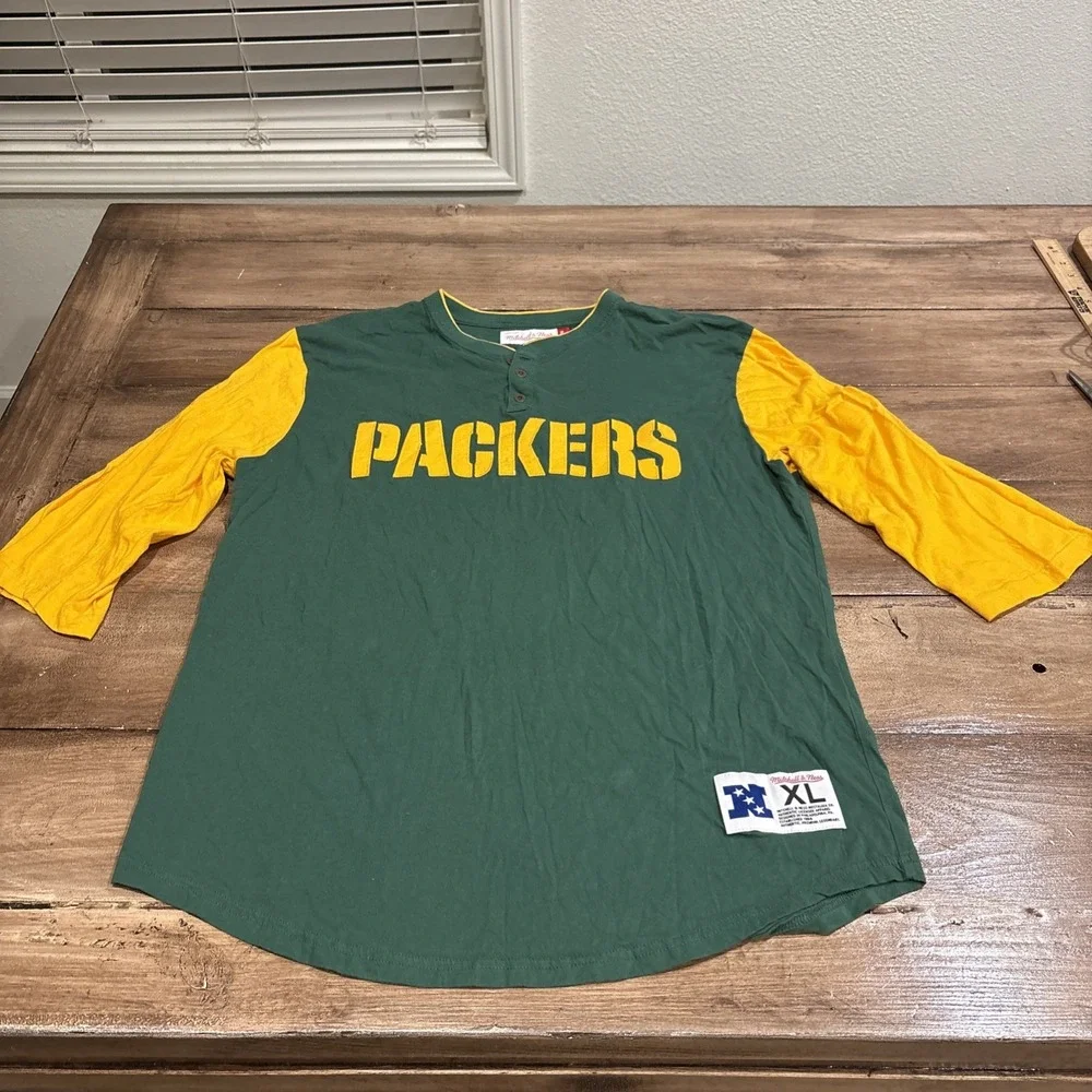 Green Bay Packers Shirt Men XL Grey Mitchell Ness Pullover 3/4‎ Sleeve